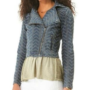 Free People denim motorcycle jacket with chevron pattern
